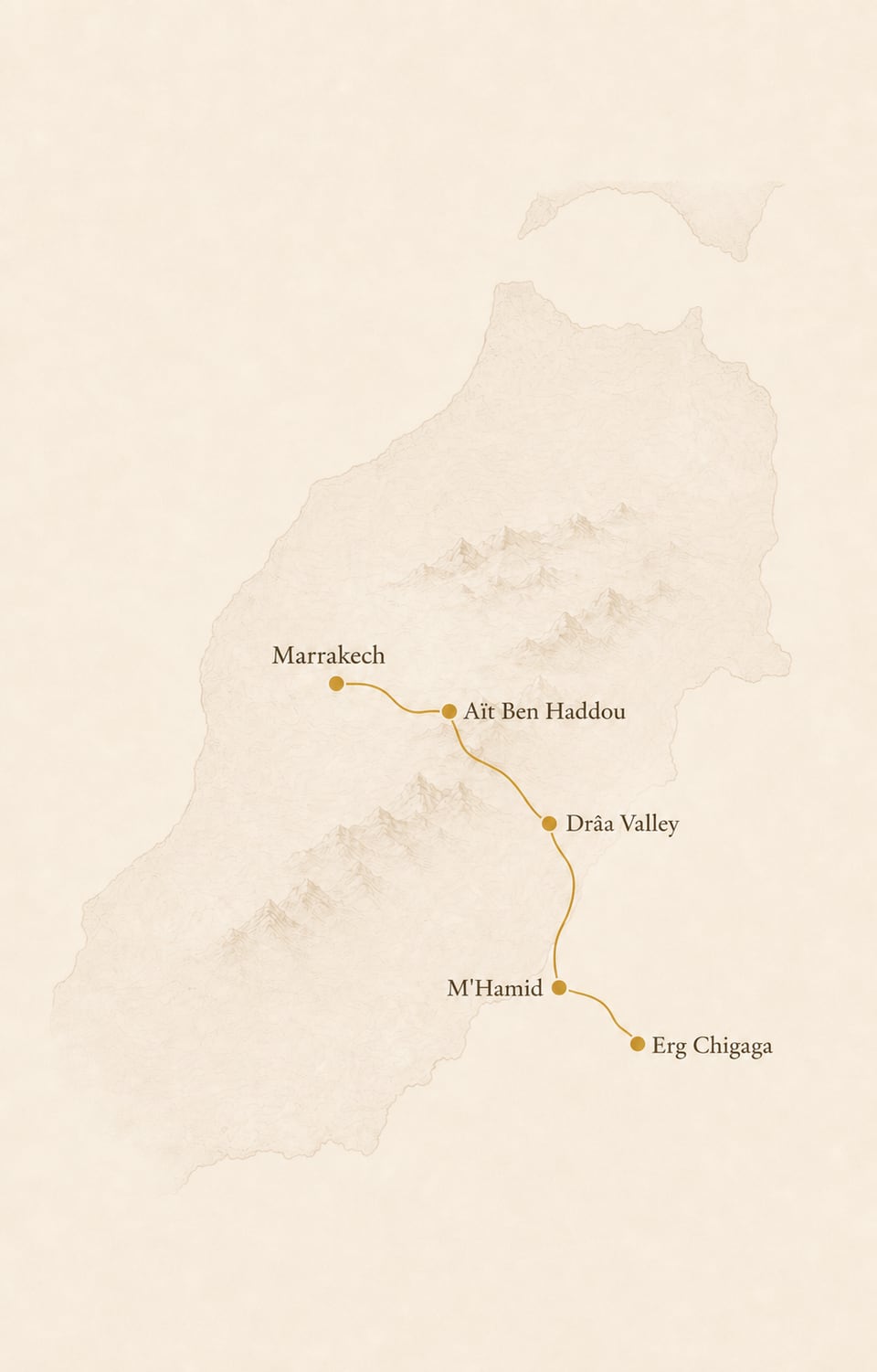 Route map from Marrakech through Aït Ben Haddou and the Drâa Valley to Erg Chigaga