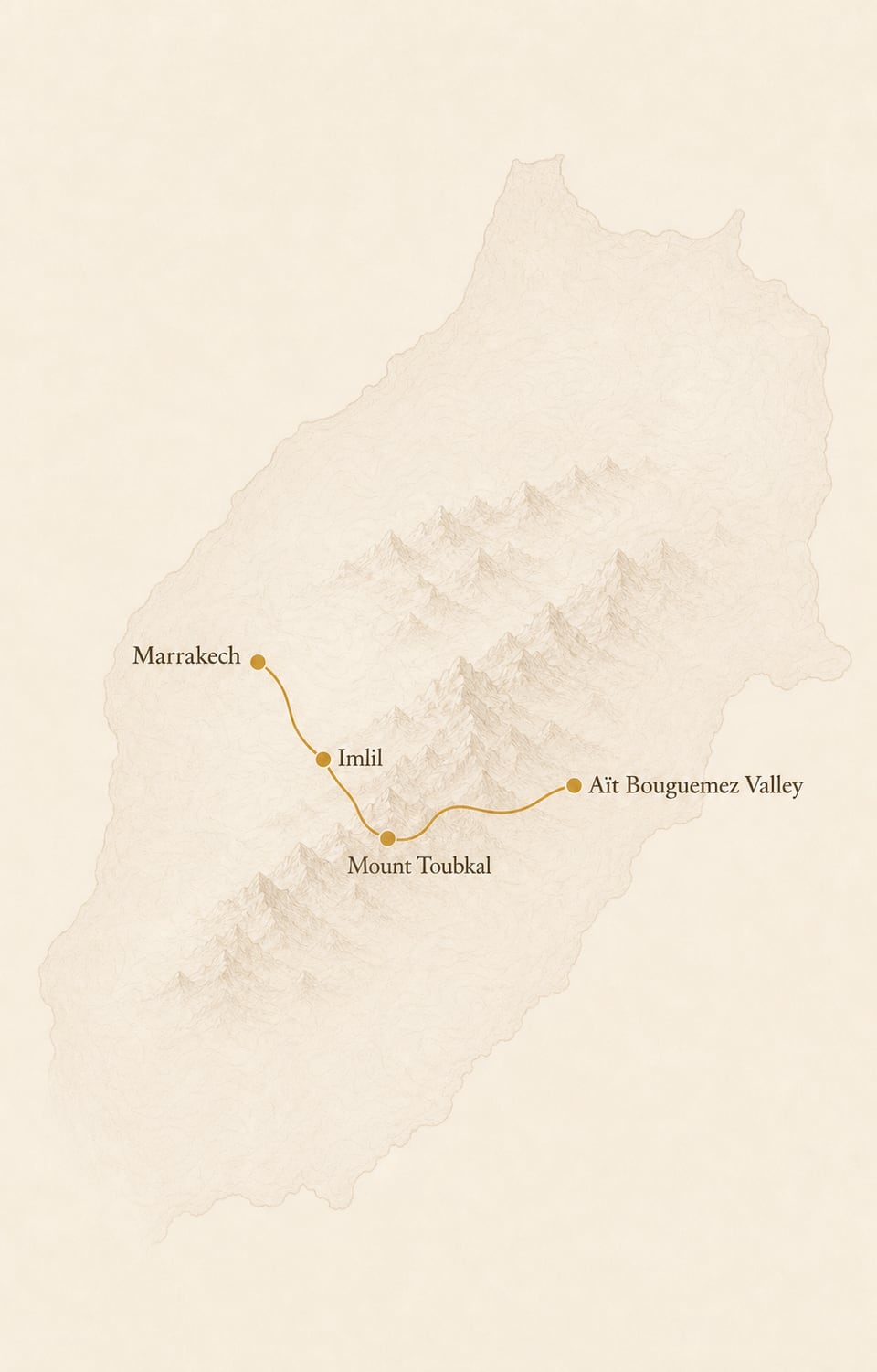High Atlas route map from Marrakech to Imlil, Mount Toubkal and Aït Bouguemez