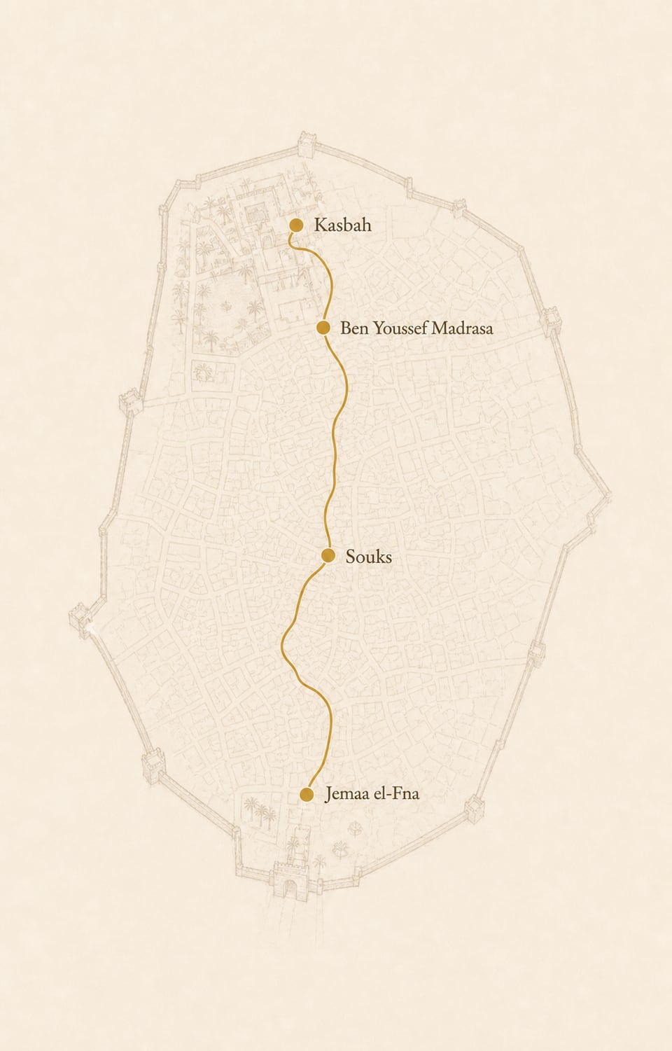 Walking map through Jemaa el-Fna, the souks, Ben Youssef Madrasa and the Kasbah