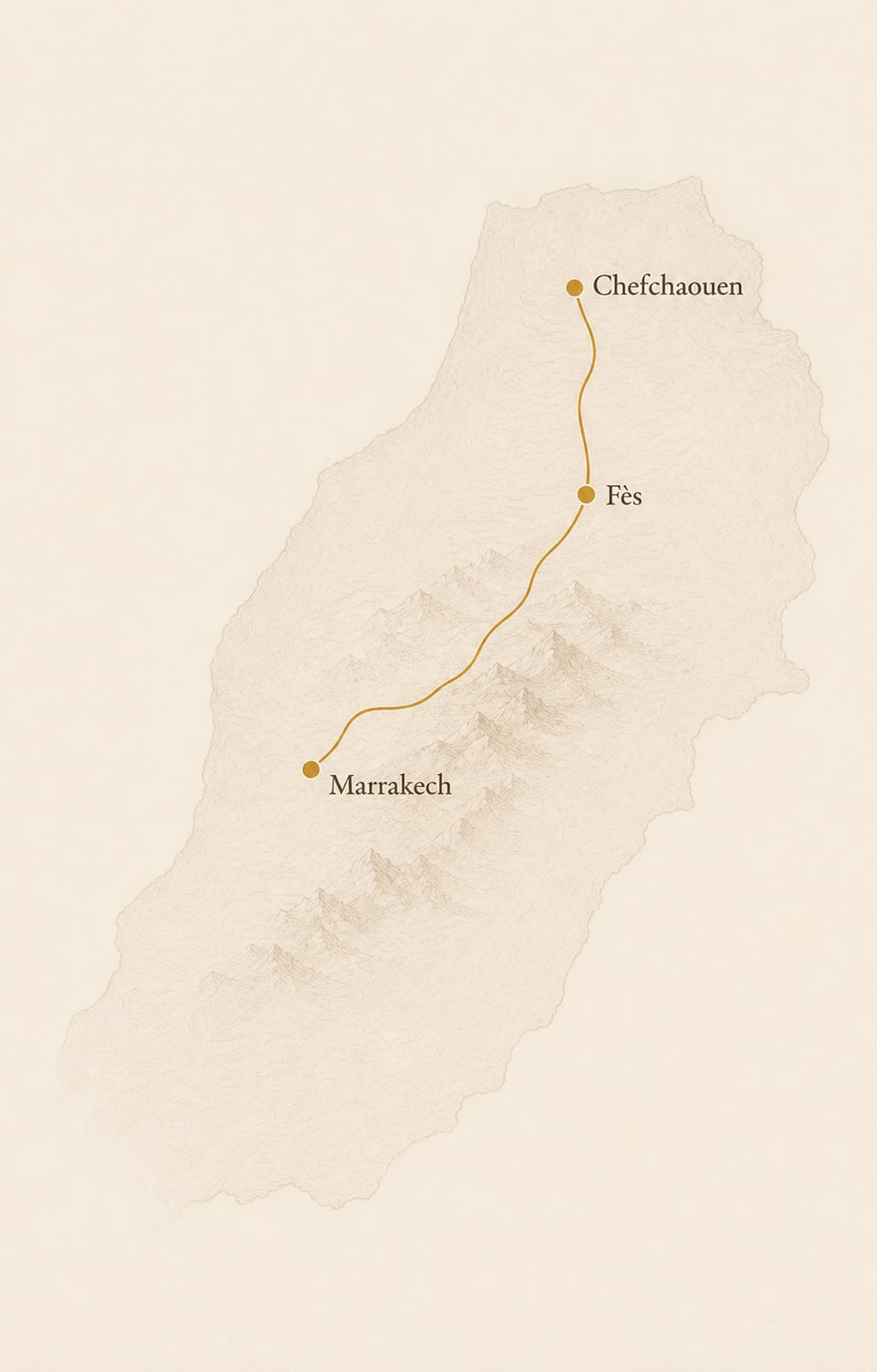 Route map connecting Marrakech, Fès and Chefchaouen