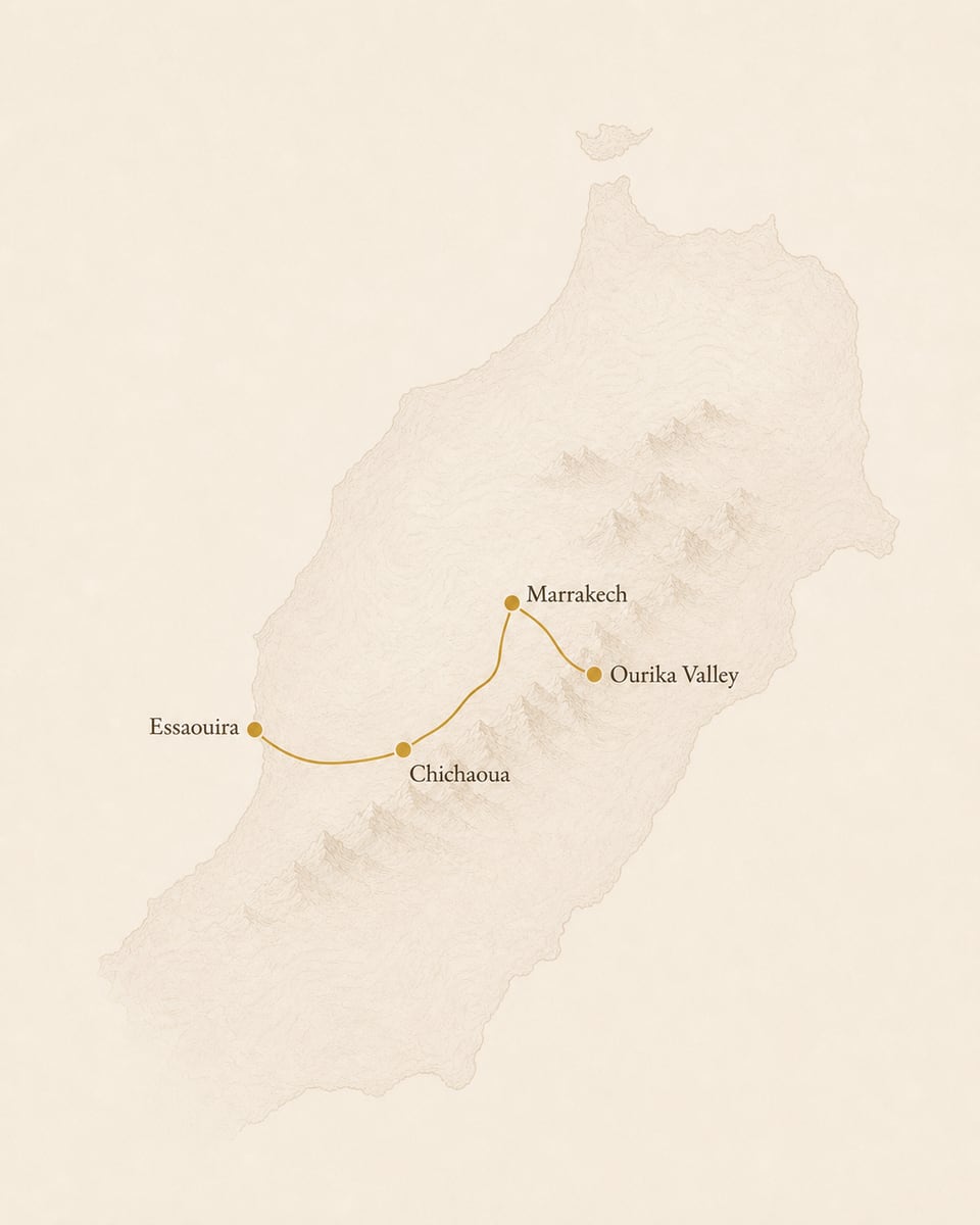 Route map from Marrakech to the Ourika Valley and Essaouira