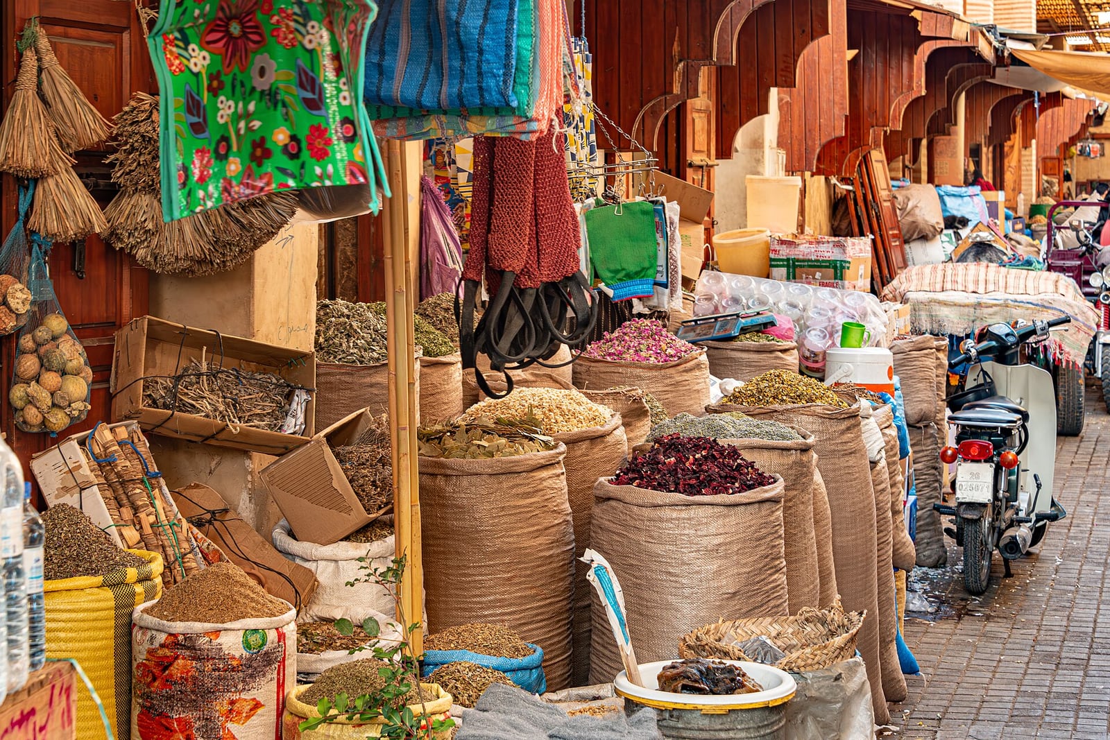 Verified spice stalls in a souk in the Marrakech medina