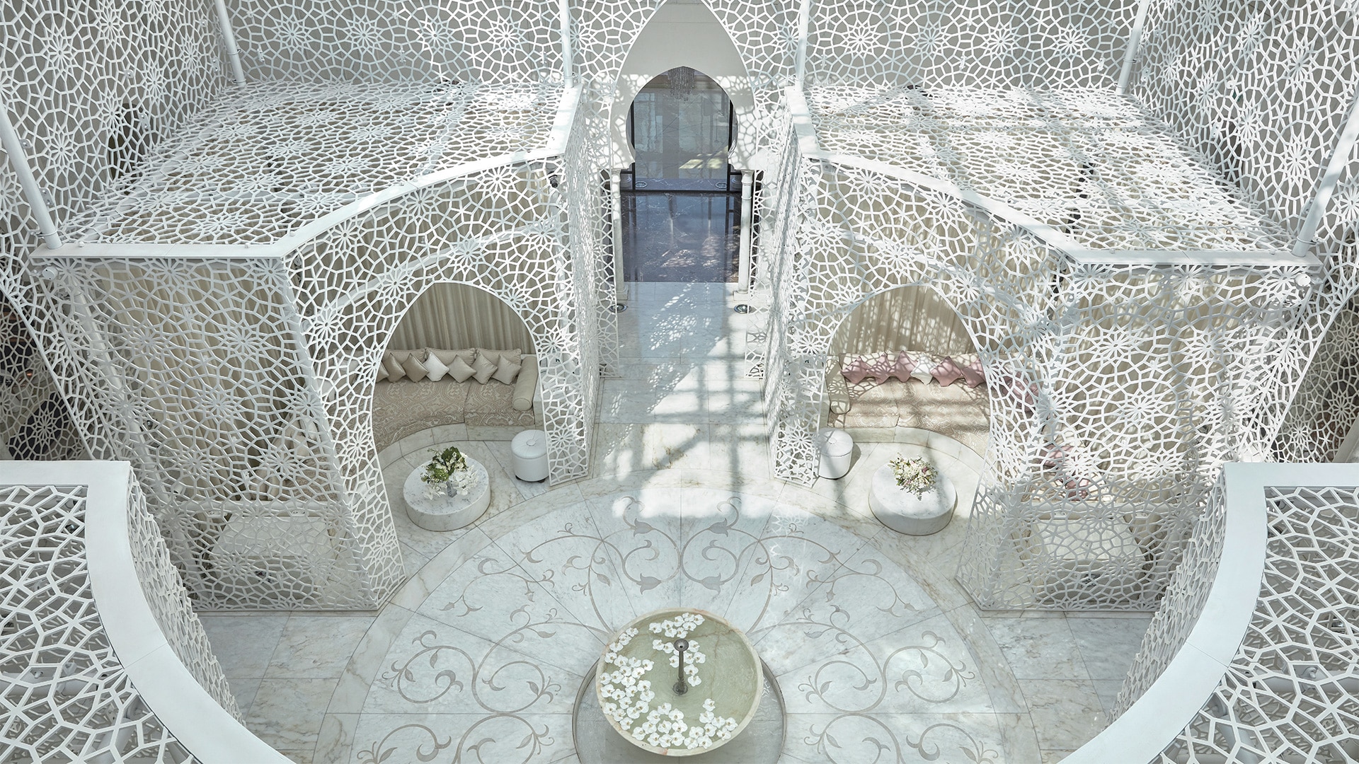 White latticework atrium in the Royal Mansour Marrakech spa